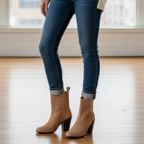 NWOT Kaanas Morava Suede Block Heel With Elastic in Caramel - Picture 1 of 5